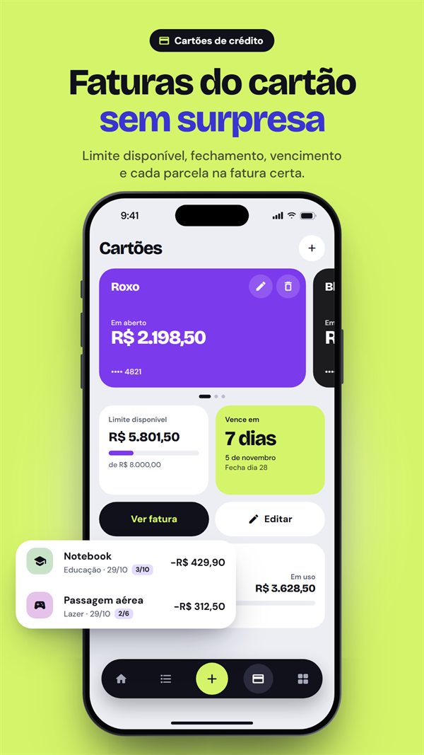 Cartões de crédito com limite, vencimento e parcelas