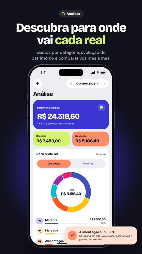 Análises com patrimônio e gastos por categoria