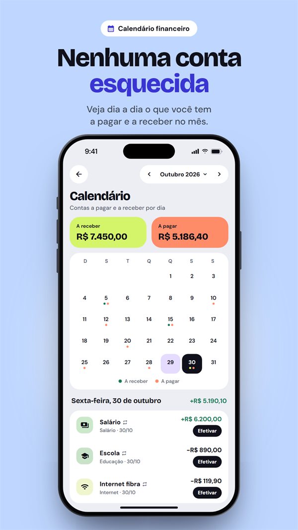 Calendário financeiro com o que vence em cada dia