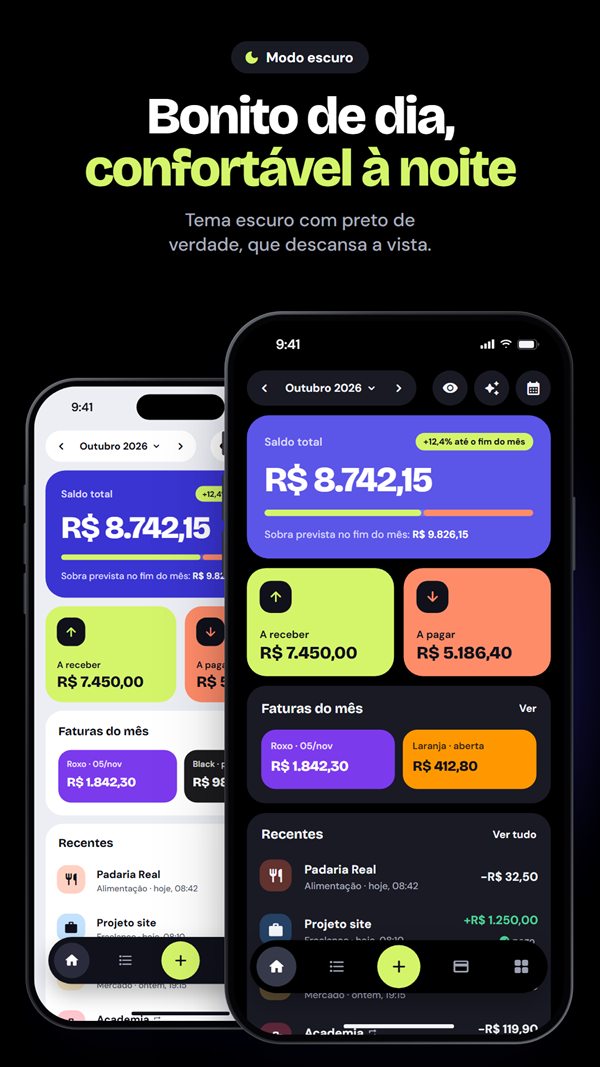 Tela inicial do Provento no tema claro e no tema escuro